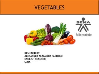 VEGETABLES

DESIGNED BY:
ALEXANDER ALZAMORA PACHECO
ENGLISH TEACHER
SENA

 