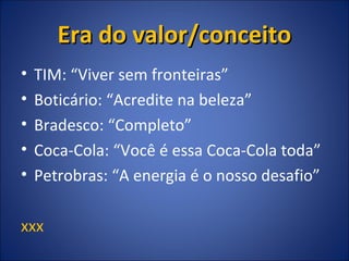 Era do valor/conceitoEra do valor/conceito
• TIM: “Viver sem fronteiras”
• Boticário: “Acredite na beleza”
• Bradesco: “Completo”
• Coca-Cola: “Você é essa Coca-Cola toda”
• Petrobras: “A energia é o nosso desafio”
xxx
 