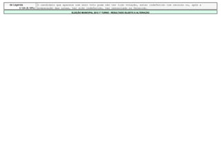 de Legenda             O candidato que aparece com zero voto pode não ter tido votação, estar indeferido com recurso ou, após a
       3.124 (8,18%)   preparação das urnas, ter sido indeferido, ter renunciado ou falecido.
                                            ELEIÇÃO MUNICIPAL 2012 1º TURNO - RESULTADO SUJEITO A ALTERAÇÃO
 