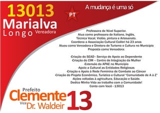 13013                                   A mudança é uma só

Mn g o
Lo
   arialvaVereadora                     Professora de Nível Superior.
                                  Atua como professora de Italiano, Inglês,
                                 Técnica Vocal, Violão, pintura e Artesanato.
                              Coordena a Associação Cultural Colibri há 23 anos
                      Atuou como Vereadora e Diretora de Turismo e Cultura no Município
                                         Proposta como Vereadora:

                               ·Criação do SEAD - Serviço de Apoio ao Dependente
                                ·Criação do CIM – Centro de Integração da Mulher
                                         ·Extensão da APAE no Município
                                     ·Apoio a Cultural as Entidades Religiosas
                           ·Criação e Apoio à Rede Feminina de Combate ao Câncer
                  ·Criação do Projeto Econômico, Turístico e Cultural “Comunidade de A à Z”
                                 ·Ações voltadas à agricultura, Educação e Saúde.
                              Dedico Minha Vida ao trabalho com a Comunidade!
                                              Conto com Você - 13013
    Prefeito
 Clemente
   Vice
      Dr. Waldeir         13
 