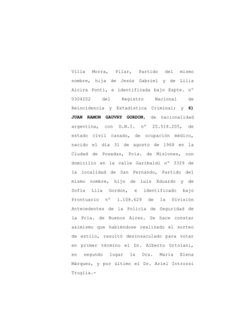 Villa     Morra,       Pilar,       Partido       del     mismo

nombre, hija de          Jesús Gabriel           y de Lilia

Alcira Ponti, e identificada bajo Expte. nº

U304202         del      Registro              Nacional       de
Reincidencia       y    Estadística        Criminal;      y   6)

JUAN    RAMON    GAUVRY       GORDON,     de     nacionalidad

argentina,       con    D.N.I.       nº     20.518.205,       de

estado    civil       casado,   de    ocupación         médico,

nacido el día 31 de agosto de 1968 en la

Ciudad de Posadas, Pcia. de Misiones, con

domicilio en la calle Garibaldi nº 3329 de

la localidad de San Fernando, Partido del

mismo    nombre,       hijo    de    Luis      Eduardo    y   de

Sofía     Lila     Gordon,      e     identificado         bajo

Prontuario       nº     1.108.629         de    la   División

Antecedentes de la Policía de Seguridad de

la Pcia. de Buenos Aires. Se hace constar

asimismo que habiéndose realizado el sorteo

de estilo, resultó desinsaculado para votar

en primer término el Dr. Alberto Ortolani,

en     segundo     lugar       la    Dra.       María     Elena

Márquez, y por último el Dr. Ariel Introzzi

Truglia.-
 