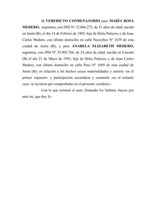 1) VEREDICTO CONDENATORIO para MARÍA ROSA
MEDERO, argentina, con DNI Nº 32.066.275, de 31 años de edad, nacida
en Junín (B), el día 14 de Febrero de 1985, hija de Delia Palacios y de Juan
Carlos Medero, con último domicilio en calle Necochea Nº 1639 de esta
ciudad de Junín (B), y para ANABELA ELIZABETH MEDERO,
argentina, con DNI Nº 35.903.704, de 24 años de edad, nacida en Lincoln
(B) el día 21 de Mayo de 1991, hija de Delia Palacios y de Juan Carlos
Medero, con último domicilio en calle Paso Nº 1609 de esta ciudad de
Junín (B); en relación a los hechos cuyas materialidades y autoría -en el
primer supuesto- y participación secundaria y coautoría -en el restante
caso- se tuvieron por comprobadas en el presente veredicto.-
Con lo que terminó el acto, firmando los Señores Jueces por
ante mí, que doy fe.-
 