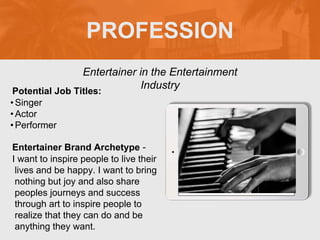 PROFESSION
Potential Job Titles:
•Singer
•Actor
•Performer
Entertainer Brand Archetype -
I want to inspire people to live their
lives and be happy. I want to bring
nothing but joy and also share
peoples journeys and success
through art to inspire people to
realize that they can do and be
anything they want.
Entertainer in the Entertainment
Industry
Picture Relevant
to Your Industry
Goes Here
 
