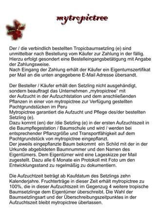 mytropictree

Der / die verbindlich bestellten Tropicbaumsetzling (e) sind
unmittelbar nach Bestellung vom Käufer zur Zahlung in der fällig.
Hierzu erfolgt gesondert eine Bestelleingangsbetätigung mit Angabe
der Zahlungsweise.
Nach Eingang der Zahlung erhält der Käufer ein Eigentumszertifikat
per Mail an die unten angegebene E-Mail Adresse übersandt.

Der Besteller / Käufer erhält den Setzling nicht ausgehändigt,
sondern beauftragt das Unternehmen „mytropictree“ mit
der Aufzucht in der Aufzuchtstation und dem anschließenden
Pflanzen in einer von mytropictree zur Verfügung gestellten
Pachtgrundstücken im Peru
Mytropictree garantiert die Aufzucht und Pflege des/der bestellten
Setzling (e).
Dazu kommt (en) der /die Setzling (e) in der ersten Aufzuchtszeit in
die Baumpflegestation / Baumschule und wird / werden bei
entsprechender Pflanzgröße und Transportfähigkeit auf dem
Pachtgrundstück von mytropictree eingepflanzt.
Der jeweils eingepflanzte Baum bekommt ein Schild mit der in der
Urkunde abgebildeten Baumnummer und den Namen des
Eigentümers. Dem Eigentümer wird eine Lageskizze per Mail
zugestellt. Dazu alle 6 Monate ein Protokoll mit Foto um den
Entwicklungsstand zu regelmäßig zu dokumentiern.

Die Aufzuchtzeit beträgt ab Kaufdatum des Setzlings zehn
Kalenderjahre. Fruchterträge in dieser Zeit erhält mytropictree zu
100%, die in dieser Aufzuchtszeit im Gegenzug 4 weitere tropische
Baumsetzlinge dem Eigentümer überschreibt. Die Wahl der
Baumsetzlingsart und der Überschreibungszeitpunktes in der
Aufzuchtszeit bleibt mytropictree überlassen.
 