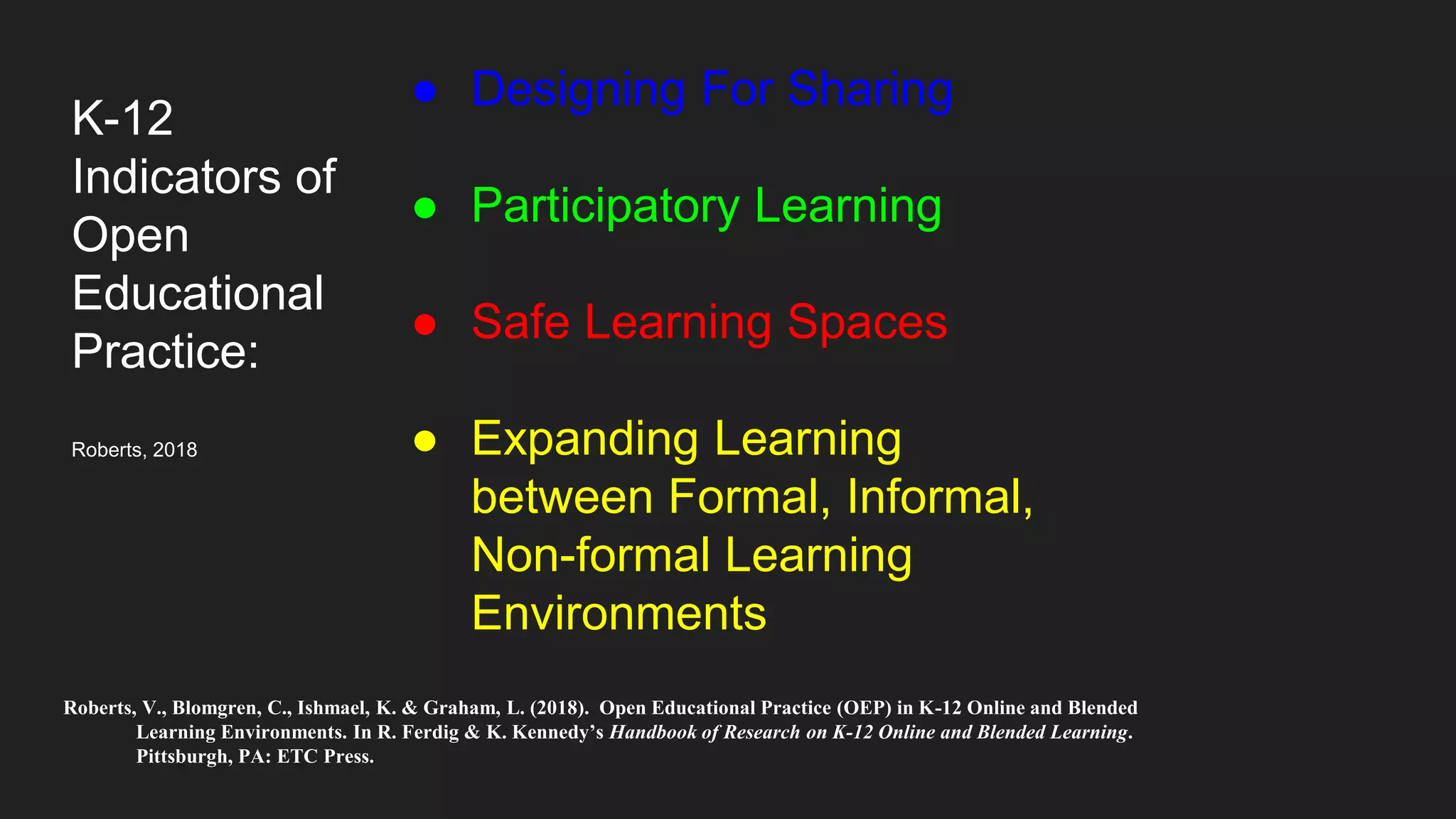 Roberts, V., Blomgren, C., Ishmael, K. & Graham, L. (2018). Open Educational Practice (OEP) in K-12 Online and Blended
Learning Environments. In R. Ferdig & K. Kennedy’s Handbook of Research on K-12 Online and Blended Learning.
Pittsburgh, PA: ETC Press.
● Designing For Sharing
● Participatory Learning
● Safe Learning Spaces
● Expanding Learning
between Formal, Informal,
Non-formal Learning
Environments
K-12
Indicators of
Open
Educational
Practice:
Roberts, 2018
 