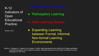 Roberts, V., Blomgren, C., Ishmael, K. & Graham, L. (2018). Open Educational Practice (OEP) in K-12 Online and Blended
Learning Environments. In R. Ferdig & K. Kennedy’s Handbook of Research on K-12 Online and Blended Learning.
Pittsburgh, PA: ETC Press.
● Designing For Sharing
● Participatory Learning
● Safe Learning Spaces
● Expanding Learning
between Formal, Informal,
Non-formal Learning
Environments
K-12
Indicators of
Open
Educational
Practice:
Roberts, 2018
 