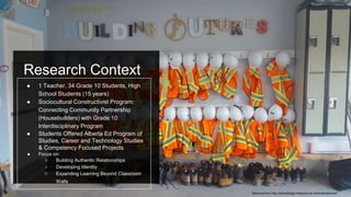 Research Context
● 1 Teacher, 34 Grade 10 Students, High
School Students (15 years)
● Sociocultural Constructivist Program:
Connecting Community Partnership
(Housebuilders) with Grade 10
Interdisciplinary Program
● Students Offered Alberta Ed Program of
Studies, Career and Technology Studies
& Competency Focused Projects
● Focus on:
○ Building Authentic Relationships
○ Developing Identity
○ Expanding Learning Beyond Classroom
Walls
Retrieved from http://schoolblogs.rockyview.ab.ca/buildingfutures/
 