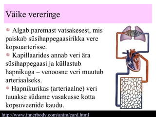 Väike vereringe Algab paremast vatsakesest, mis paiskab süsihappegaasirikka vere kopsuarterisse.  K apillaarides annab  veri  ära süsihappegaasi ja küllastub hapnikuga   – venoosne veri muutub arteriaalseks. Hapnikurikas (arteriaalne) veri tuuakse südame vasakusse kotta kopsuveenide kaudu.    http://www.innerbody.com/anim/card.html   