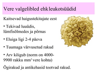 Vere valgelibled ehk leukotsüüdid Kaitsevad haigustekitajate eest T ekivad luuüdis, lümfisõlmedes ja põrnas Eluiga ligi 2-4 päeva  Tuumaga värvusetud rakud Arv kõigub ( norm on 4000-9900  rakku   mm 3  vere kohta) Õgirakud ja antikehasid tootvad rakud. 