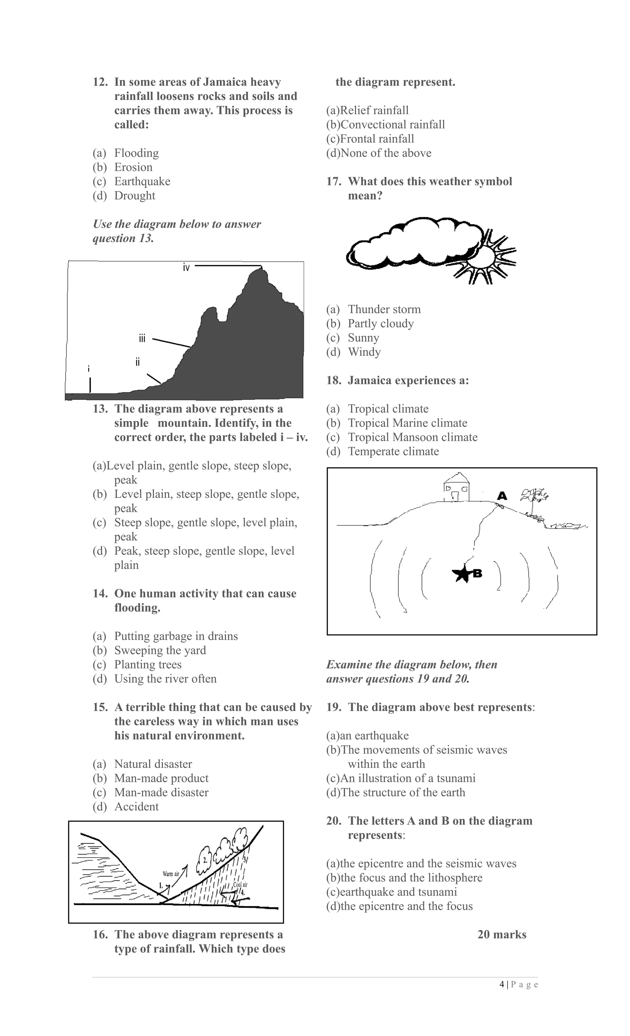 12. In some areas of Jamaica heavy              the diagram represent.
    rainfall loosens rocks and soils and
    carries them away. This process is         (a)Relief rainfall
    called:                                    (b)Convectional rainfall
                                               (c)Frontal rainfall
(a)   Flooding                                 (d)None of the above
(b)   Erosion
(c)   Earthquake                               17. What does this weather symbol
(d)   Drought                                      mean?

Use the diagram below to answer
question 13.




                                               (a)   Thunder storm
                                               (b)   Partly cloudy
                                               (c)   Sunny
                                               (d)   Windy

                                               18. Jamaica experiences a:

13. The diagram above represents a             (a)   Tropical climate
    simple mountain. Identify, in the          (b)   Tropical Marine climate
    correct order, the parts labeled i – iv.   (c)   Tropical Mansoon climate
                                               (d)   Temperate climate
(a)Level plain, gentle slope, steep slope,
    peak
(b) Level plain, steep slope, gentle slope,
    peak
(c) Steep slope, gentle slope, level plain,
    peak
(d) Peak, steep slope, gentle slope, level
    plain

14. One human activity that can cause
    flooding.

(a)   Putting garbage in drains
(b)   Sweeping the yard
(c)   Planting trees                           Examine the diagram below, then
(d)   Using the river often                    answer questions 19 and 20.

15. A terrible thing that can be caused by     19. The diagram above best represents:
    the careless way in which man uses
    his natural environment.                   (a)an earthquake
                                               (b)The movements of seismic waves
(a)   Natural disaster                             within the earth
(b)   Man-made product                         (c)An illustration of a tsunami
(c)   Man-made disaster                        (d)The structure of the earth
(d)   Accident
                                               20. The letters A and B on the diagram
                                                   represents:

                                               (a)the epicentre and the seismic waves
                                               (b)the focus and the lithosphere
                                               (c)earthquake and tsunami
                                               (d)the epicentre and the focus

16. The above diagram represents a                                           20 marks
    type of rainfall. Which type does

                                                                                 4|P a g e
 