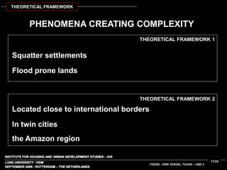 INSTITUTE FOR HOUSING AND URBAN DEVELOPMENT STUDIES – IHS
LUND UNIVERSITY - HDM
PHENOMENA CREATING COMPLEXITY
Squatter settlements
Flood prone lands
Located close to international borders
In twin cities
the Amazon region
SEPTEMBER 2006 - ROTTERDAM – THE NETHERLANDS
THESIS - ERIK VERGEL TOVAR – UMD 2
11/24
THEORETICAL FRAMEWORK
THEORETICAL FRAMEWORK 1
THEORETICAL FRAMEWORK 2
 