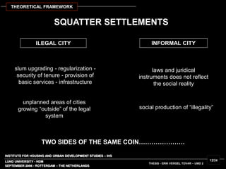 INSTITUTE FOR HOUSING AND URBAN DEVELOPMENT STUDIES – IHS
LUND UNIVERSITY - HDM
SQUATTER SETTLEMENTS
ILEGAL CITY INFORMAL CITY
laws and juridical
instruments does not reflect
the social reality
social production of “illegality”
slum upgrading - regularization -
security of tenure - provision of
basic services - infrastructure
unplanned areas of cities
growing “outside” of the legal
system
SEPTEMBER 2006 - ROTTERDAM – THE NETHERLANDS
THESIS - ERIK VERGEL TOVAR – UMD 2
12/24
THEORETICAL FRAMEWORK
TWO SIDES OF THE SAME COIN………………….
 