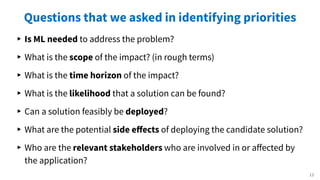 Questions that we asked in identifying priorities
▸ Is ML needed to address the problem?
▸ What is the scope of the impact? (in rough terms)
▸ What is the time horizon of the impact?
▸ What is the likelihood that a solution can be found?
▸ Can a solution feasibly be deployed?
▸ What are the potential side eﬀects of deploying the candidate solution?
▸ Who are the relevant stakeholders who are involved in or aﬀected by
the application?
13
 