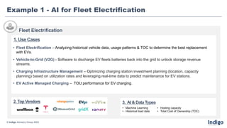 Fleet Electrification
2. Top Vendors
Example 1 - AI for Fleet Electrification
• Fleet Electrification – Analyzing historical vehicle data, usage patterns & TOC to determine the best replacement
with EVs.
• Vehicle-to-Grid (V2G) - Software to discharge EV fleets batteries back into the grid to unlock storage revenue
streams.
• Charging Infrastructure Management – Optimizing charging station investment planning (location, capacity
planning) based on utilization rates and leveraging real-time data to predict maintenance for EV stations.
• EV Active Managed Charging – TOU performance for EV charging.
1. Use Cases
3. AI & Data Types
© Indigo Advisory Group 2023
• Machine Learning
• Historical load data
• Hosting capacity
• Total Cost of Ownership (TOC)
 