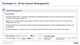 Asset Management
2. Top Vendors
Example 2 - AI for Asset Managemnt
• Predictive Maintenance – Learning normal system operating parameters in order to predict next system failure such
as boilers to heat pump, HVAC, etc.
• Digital Twins - Building digital representation of physical assets using AI modeling techniques to simulate various
configuration scenarios.
• Real-time Monitoring – Remotely monitoring health of electrical equipment and low voltage distribution assets such
as switchgear.
• Outage Management – Monitor asset and equipment performance interruptions and outages across facility.
1. Use Cases
3. AI & Data Types
© Indigo Advisory Group 2023
• Machine Learning
• Digital Twins
• System sensor data
• Asset health data
• Predictive Analytics
 