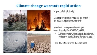 Climate change warrants rapid action
Impacts felt globally
Disproportionate impacts on most
disadvantaged populations
Filippo Monteforte | AFP | Getty Images David Mcnew | Getty Images
NASA Piyaset | Shutterstock.com
Need net-zero greenhouse gas
emissions by 2050 (IPCC 2018)
▸ Across energy, transport, buildings,
industry, agriculture, forestry, etc.
How does ML fit into this picture?
3
 