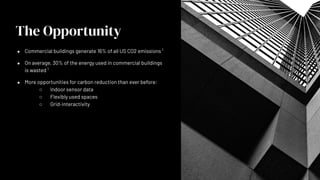 The Opportunity
● Commercial buildings generate 16% of all US CO2 emissions 1
● On average, 30% of the energy used in commercial buildings
is wasted 1
● More opportunities for carbon reduction than ever before:
○ Indoor sensor data
○ Flexibly used spaces
○ Grid-interactivity
 