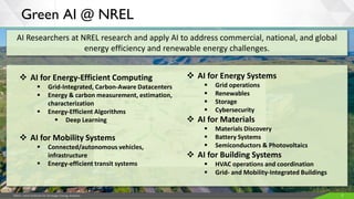 JISEA—Joint Institute for Strategic Energy Analysis 5
Green AI @ NREL
AI Researchers at NREL research and apply AI to address commercial, national, and global
energy efficiency and renewable energy challenges.
❖ AI for Energy-Efficient Computing
▪ Grid-Integrated, Carbon-Aware Datacenters
▪ Energy & carbon measurement, estimation,
characterization
▪ Energy-Efficient Algorithms
▪ Deep Learning
❖ AI for Mobility Systems
▪ Connected/autonomous vehicles,
infrastructure
▪ Energy-efficient transit systems
❖ AI for Energy Systems
▪ Grid operations
▪ Renewables
▪ Storage
▪ Cybersecurity
❖ AI for Materials
▪ Materials Discovery
▪ Battery Systems
▪ Semiconductors & Photovoltaics
❖ AI for Building Systems
▪ HVAC operations and coordination
▪ Grid- and Mobility-Integrated Buildings
 