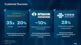 8
Customer Success
AI-based auto contouring
for radiation therapy1
1. Source: Intel Case Study
2. Source: Intel Case Study
3. Source: Intel Case Study
35x
Faster
20%
Less Power
~10%
Reduction in overall power
consumption
AI-based load prediction
Automatic CPU frequency
tuning2
AI-based workload
prediction and scaling of
resources3
28%
Reduction in power
consumption
Results may vary
 