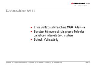 Suchmaschinen Akt #1




                                                  Erste Volltextsuchmaschine 1996: Altavista
                                                  Benutzer können erstmals grosse Teile des
                                                  damaligen Internets durchsuchen
                                                  Schnell, Volltextfähig




Vergessen Sie Suchmaschinenoptimierung — Optimieren Sie Ihre Website © EsPresto AG, 14. September 2009   Seite 10
 