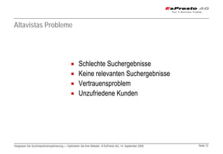 Altavistas Probleme




                                                  Schlechte Suchergebnisse
                                                  Keine relevanten Suchergebnisse
                                                  Vertrauensproblem
                                                  Unzufriedene Kunden




Vergessen Sie Suchmaschinenoptimierung — Optimieren Sie Ihre Website © EsPresto AG, 14. September 2009   Seite 12
 