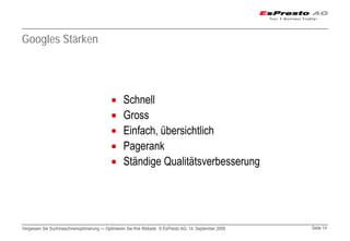 Googles Stärken




                                                  Schnell
                                                  Gross
                                                  Einfach, übersichtlich
                                                  Pagerank
                                                  Ständige Qualitätsverbesserung




Vergessen Sie Suchmaschinenoptimierung — Optimieren Sie Ihre Website © EsPresto AG, 14. September 2009   Seite 14
 