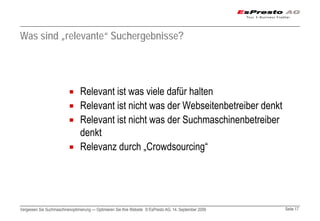 Was sind „relevante“ Suchergebnisse?




                                Relevant ist was viele dafür halten
                                Relevant ist nicht was der Webseitenbetreiber denkt
                                Relevant ist nicht was der Suchmaschinenbetreiber
                                denkt
                                Relevanz durch „Crowdsourcing“




Vergessen Sie Suchmaschinenoptimierung — Optimieren Sie Ihre Website © EsPresto AG, 14. September 2009   Seite 17
 