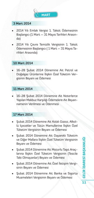 MART
3 Mart 2014
•

2014 Yılı Emlak Vergisi 1. Taksit Ödemesinin
Başlangıcı (1 Mart – 31 Mayıs Tarihleri Arasında)

•

2014 Yılı Çevre Temizlik Vergisinin 1. Taksit
Ödemesinin Başlangıcı ( 1 Mart – 31 Mayıs Tarihleri Arasında)

10 Mart 2014
•

16-28 Şubat 2014 Dönemine Ait Petrol ve
Doğalgaz Ürünlerine İlişkin Özel Tüketim Vergisinin Beyanı ve Ödemesi

11 Mart 2014
•

16-28 Şubat 2014 Dönemine Ait Noterlerce
Yapılan Makbuz Karşılığı Ödemelere Ait Beyannamenin Verilmesi ve Ödenmesi

17 Mart 2014
Şubat 2014 Dönemine Ait Kolalı Gazoz, Alkollü İçecekler ve Tütün Mamullerine İlişkin Özel
Tüketim Vergisinin Beyanı ve Ödemesi

•

Şubat 2014 Dönemine Ait Dayanıklı Tüketim
ve Diğer Mallara İlişkin Özel Tüketim Vergisinin
Beyanı ve Ödemesi

•

Şubat 2014 Dönemine Ait Motorlu Taşıt Araçlarına İlişkin Özel Tüketim Vergisinin (Tescile
Tabi Olmayanlar) Beyanı ve Ödemesi

•

Şubat 2014 Dönemine Ait Özel İletişim Vergisinin Beyanı ve Ödemesi

•

Şubat 2014 Dönemine Ait Banka ve Sigorta
Muameleleri Vergisinin Beyanı ve Ödemesi

GELİR İDARESİ BAŞKANLIĞI

•

11

 