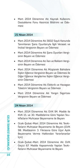 •

Mart 2014 Dönemine Ait Kaynak Kullanımı
Destekleme Fonu Kesintisi Bildirimi ve Ödemesi

21 Nisan 2014
•

Mart 2014 Dönemine Ait 5602 Sayılı Kanunda
Tanımlanan Şans Oyunlarıyla İlgili Veraset ve
İntikal Vergisinin Beyanı ve Ödemesi

•

Mart 2014 Dönemine Ait Şans Oyunları Vergisinin Beyanı ve Ödemesi

•

Mart 2014 Dönemine Ait İlan ve Reklam Vergisinin Beyanı ve Ödemesi

•

Mart 2014 Dönemine Ait Müşterek Bahislere
İlişkin Eğlence Vergisinin Beyanı ve Ödemesi ile
Diğer Eğlence Vergilerine İlişkin Eğlence Vergisinin Ödemesi

•

Mart 2014 Dönemine Ait Elektrik ve Havagazı
Tüketim Vergisinin Beyanı ve Ödemesi

•

Mart 2014 Dönemine Ait Yangın Sigortası
Vergisinin Beyanı ve Ödemesi

24 Nisan 2014

GELİR İDARESİ BAŞKANLIĞI

•

16

Mart 2014 Dönemine Ait GVK 94. Madde ile
KVK 15. ve 30. Maddelerine Göre Yapılan Tevkifatların Muhtasar Beyanname ile Beyanı

•

Ocak-Şubat-Mart 2014 Dönemine Ait Tevkifatların Muhtasar Beyanname ile Beyanı (GVK
98. Maddesinin 3. Fıkrasına Göre Üçer Aylık
Beyanname Verme Hakkından Yararlananlar
İçin)

•

Ocak-Şubat-Mart 2014 Dönemine Ait GVK
Geçici 67. Madde Kapsamında Yapılan Tevkifatların Muhtasar Beyanname ile Beyanı

 