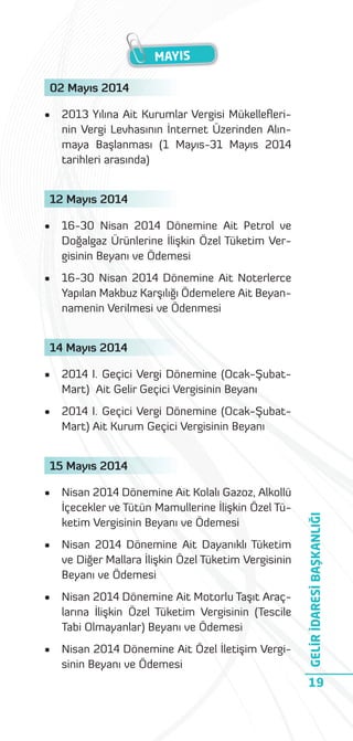 MAYIS
02 Mayıs 2014
•

2013 Yılına Ait Kurumlar Vergisi Mükelleﬂerinin Vergi Levhasının İnternet Üzerinden Alınmaya Başlanması (1 Mayıs-31 Mayıs 2014
tarihleri arasında)

12 Mayıs 2014
•

16-30 Nisan 2014 Dönemine Ait Petrol ve
Doğalgaz Ürünlerine İlişkin Özel Tüketim Vergisinin Beyanı ve Ödemesi

•

16-30 Nisan 2014 Dönemine Ait Noterlerce
Yapılan Makbuz Karşılığı Ödemelere Ait Beyannamenin Verilmesi ve Ödenmesi

14 Mayıs 2014
•

2014 I. Geçici Vergi Dönemine (Ocak-ŞubatMart) Ait Gelir Geçici Vergisinin Beyanı

•

2014 I. Geçici Vergi Dönemine (Ocak-ŞubatMart) Ait Kurum Geçici Vergisinin Beyanı

•

Nisan 2014 Dönemine Ait Kolalı Gazoz, Alkollü
İçecekler ve Tütün Mamullerine İlişkin Özel Tüketim Vergisinin Beyanı ve Ödemesi

•

Nisan 2014 Dönemine Ait Dayanıklı Tüketim
ve Diğer Mallara İlişkin Özel Tüketim Vergisinin
Beyanı ve Ödemesi

•

Nisan 2014 Dönemine Ait Motorlu Taşıt Araçlarına İlişkin Özel Tüketim Vergisinin (Tescile
Tabi Olmayanlar) Beyanı ve Ödemesi

•

Nisan 2014 Dönemine Ait Özel İletişim Vergisinin Beyanı ve Ödemesi

GELİR İDARESİ BAŞKANLIĞI

15 Mayıs 2014

19

 