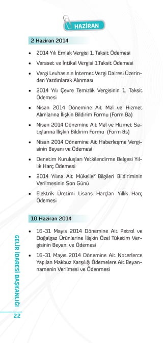HAZİRAN
2 Haziran 2014
•

2014 Yılı Emlak Vergisi 1. Taksit Ödemesi

•

Veraset ve İntikal Vergisi 1.Taksit Ödemesi

•

Vergi Levhasının İnternet Vergi Dairesi Üzerinden Yazdırılarak Alınması

•

2014 Yılı Çevre Temizlik Vergisinin 1. Taksit
Ödemesi

•

Nisan 2014 Dönemine Ait Mal ve Hizmet
Alımlarına İlişkin Bildirim Formu (Form Ba)

•

Nisan 2014 Dönemine Ait Mal ve Hizmet Satışlarına İlişkin Bildirim Formu (Form Bs)

•

Nisan 2014 Dönemine Ait Haberleşme Vergisinin Beyanı ve Ödemesi

•

Denetim Kuruluşları Yetkilendirme Belgesi Yıllık Harç Ödemesi

•

2014 Yılına Ait Mükellef Bilgileri Bildiriminin
Verilmesinin Son Günü

•

Elektrik Üretimi Lisans Harçları Yıllık Harç
Ödemesi

10 Haziran 2014

GELİR İDARESİ BAŞKANLIĞI

•

22

16-31 Mayıs 2014 Dönemine Ait Petrol ve
Doğalgaz Ürünlerine İlişkin Özel Tüketim Vergisinin Beyanı ve Ödemesi

•

16-31 Mayıs 2014 Dönemine Ait Noterlerce
Yapılan Makbuz Karşılığı Ödemelere Ait Beyannamenin Verilmesi ve Ödenmesi

 