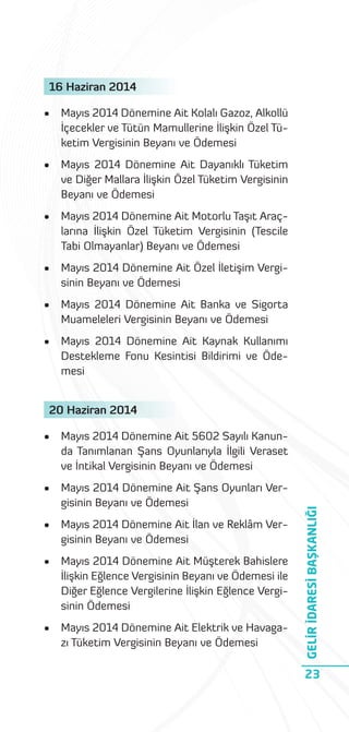 16 Haziran 2014
•

Mayıs 2014 Dönemine Ait Kolalı Gazoz, Alkollü
İçecekler ve Tütün Mamullerine İlişkin Özel Tüketim Vergisinin Beyanı ve Ödemesi

•

Mayıs 2014 Dönemine Ait Dayanıklı Tüketim
ve Diğer Mallara İlişkin Özel Tüketim Vergisinin
Beyanı ve Ödemesi

•

Mayıs 2014 Dönemine Ait Motorlu Taşıt Araçlarına İlişkin Özel Tüketim Vergisinin (Tescile
Tabi Olmayanlar) Beyanı ve Ödemesi

•

Mayıs 2014 Dönemine Ait Özel İletişim Vergisinin Beyanı ve Ödemesi

•

Mayıs 2014 Dönemine Ait Banka ve Sigorta
Muameleleri Vergisinin Beyanı ve Ödemesi

•

Mayıs 2014 Dönemine Ait Kaynak Kullanımı
Destekleme Fonu Kesintisi Bildirimi ve Ödemesi

20 Haziran 2014
Mayıs 2014 Dönemine Ait 5602 Sayılı Kanunda Tanımlanan Şans Oyunlarıyla İlgili Veraset
ve İntikal Vergisinin Beyanı ve Ödemesi

•

Mayıs 2014 Dönemine Ait Şans Oyunları Vergisinin Beyanı ve Ödemesi

•

Mayıs 2014 Dönemine Ait İlan ve Reklâm Vergisinin Beyanı ve Ödemesi

•

Mayıs 2014 Dönemine Ait Müşterek Bahislere
İlişkin Eğlence Vergisinin Beyanı ve Ödemesi ile
Diğer Eğlence Vergilerine İlişkin Eğlence Vergisinin Ödemesi

•

Mayıs 2014 Dönemine Ait Elektrik ve Havagazı Tüketim Vergisinin Beyanı ve Ödemesi

GELİR İDARESİ BAŞKANLIĞI

•

23

 