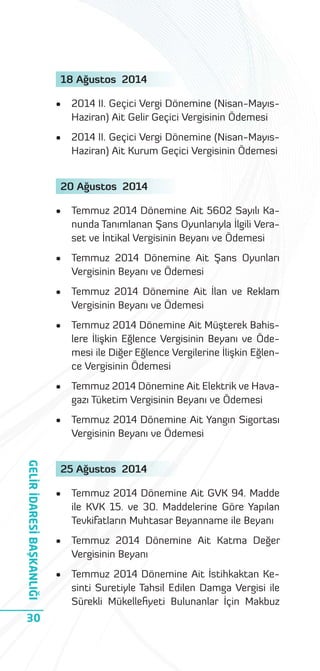 18 Ağustos 2014
•

2014 II. Geçici Vergi Dönemine (Nisan-MayısHaziran) Ait Gelir Geçici Vergisinin Ödemesi

•

2014 II. Geçici Vergi Dönemine (Nisan-MayısHaziran) Ait Kurum Geçici Vergisinin Ödemesi

20 Ağustos 2014
•

•

Temmuz 2014 Dönemine Ait Şans Oyunları
Vergisinin Beyanı ve Ödemesi

•

Temmuz 2014 Dönemine Ait İlan ve Reklam
Vergisinin Beyanı ve Ödemesi

•

Temmuz 2014 Dönemine Ait Müşterek Bahislere İlişkin Eğlence Vergisinin Beyanı ve Ödemesi ile Diğer Eğlence Vergilerine İlişkin Eğlence Vergisinin Ödemesi

•

Temmuz 2014 Dönemine Ait Elektrik ve Havagazı Tüketim Vergisinin Beyanı ve Ödemesi

•

GELİR İDARESİ BAŞKANLIĞI
30

Temmuz 2014 Dönemine Ait 5602 Sayılı Kanunda Tanımlanan Şans Oyunlarıyla İlgili Veraset ve İntikal Vergisinin Beyanı ve Ödemesi

Temmuz 2014 Dönemine Ait Yangın Sigortası
Vergisinin Beyanı ve Ödemesi

25 Ağustos 2014
•

Temmuz 2014 Dönemine Ait GVK 94. Madde
ile KVK 15. ve 30. Maddelerine Göre Yapılan
Tevkifatların Muhtasar Beyanname ile Beyanı

•

Temmuz 2014 Dönemine Ait Katma Değer
Vergisinin Beyanı

•

Temmuz 2014 Dönemine Ait İstihkaktan Kesinti Suretiyle Tahsil Edilen Damga Vergisi ile
Sürekli Mükelleﬁyeti Bulunanlar İçin Makbuz

 