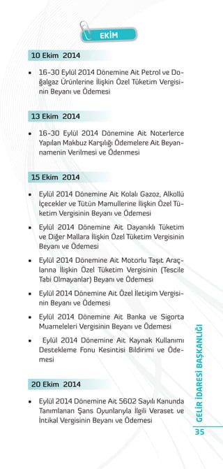 EKİM
10 Ekim 2014
•

16-30 Eylül 2014 Dönemine Ait Petrol ve Doğalgaz Ürünlerine İlişkin Özel Tüketim Vergisinin Beyanı ve Ödemesi

13 Ekim 2014
•

16-30 Eylül 2014 Dönemine Ait Noterlerce
Yapılan Makbuz Karşılığı Ödemelere Ait Beyannamenin Verilmesi ve Ödenmesi

15 Ekim 2014
Eylül 2014 Dönemine Ait Kolalı Gazoz, Alkollü
İçecekler ve Tütün Mamullerine İlişkin Özel Tüketim Vergisinin Beyanı ve Ödemesi

•

Eylül 2014 Dönemine Ait Dayanıklı Tüketim
ve Diğer Mallara İlişkin Özel Tüketim Vergisinin
Beyanı ve Ödemesi

•

Eylül 2014 Dönemine Ait Motorlu Taşıt Araçlarına İlişkin Özel Tüketim Vergisinin (Tescile
Tabi Olmayanlar) Beyanı ve Ödemesi

•

Eylül 2014 Dönemine Ait Özel İletişim Vergisinin Beyanı ve Ödemesi

•

Eylül 2014 Dönemine Ait Banka ve Sigorta
Muameleleri Vergisinin Beyanı ve Ödemesi

•

Eylül 2014 Dönemine Ait Kaynak Kullanımı
Destekleme Fonu Kesintisi Bildirimi ve Ödemesi

20 Ekim 2014
•

Eylül 2014 Dönemine Ait 5602 Sayılı Kanunda
Tanımlanan Şans Oyunlarıyla İlgili Veraset ve
İntikal Vergisinin Beyanı ve Ödemesi

GELİR İDARESİ BAŞKANLIĞI

•

35

 