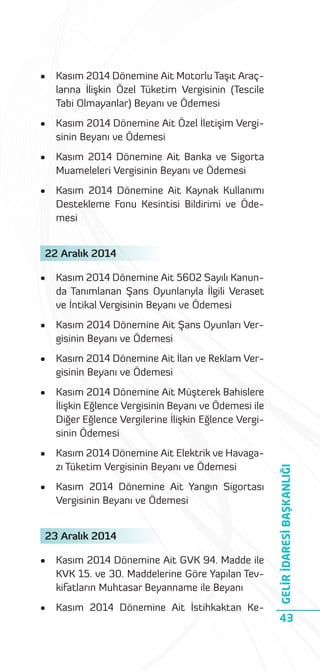 •

Kasım 2014 Dönemine Ait Motorlu Taşıt Araçlarına İlişkin Özel Tüketim Vergisinin (Tescile
Tabi Olmayanlar) Beyanı ve Ödemesi

•

Kasım 2014 Dönemine Ait Özel İletişim Vergisinin Beyanı ve Ödemesi

•

Kasım 2014 Dönemine Ait Banka ve Sigorta
Muameleleri Vergisinin Beyanı ve Ödemesi

•

Kasım 2014 Dönemine Ait Kaynak Kullanımı
Destekleme Fonu Kesintisi Bildirimi ve Ödemesi

22 Aralık 2014
Kasım 2014 Dönemine Ait 5602 Sayılı Kanunda Tanımlanan Şans Oyunlarıyla İlgili Veraset
ve İntikal Vergisinin Beyanı ve Ödemesi

•

Kasım 2014 Dönemine Ait Şans Oyunları Vergisinin Beyanı ve Ödemesi

•

Kasım 2014 Dönemine Ait İlan ve Reklam Vergisinin Beyanı ve Ödemesi

•

Kasım 2014 Dönemine Ait Müşterek Bahislere
İlişkin Eğlence Vergisinin Beyanı ve Ödemesi ile
Diğer Eğlence Vergilerine İlişkin Eğlence Vergisinin Ödemesi

•

Kasım 2014 Dönemine Ait Elektrik ve Havagazı Tüketim Vergisinin Beyanı ve Ödemesi

•

Kasım 2014 Dönemine Ait Yangın Sigortası
Vergisinin Beyanı ve Ödemesi

23 Aralık 2014
•

Kasım 2014 Dönemine Ait GVK 94. Madde ile
KVK 15. ve 30. Maddelerine Göre Yapılan Tevkifatların Muhtasar Beyanname ile Beyanı

•

Kasım 2014 Dönemine Ait İstihkaktan Ke-

GELİR İDARESİ BAŞKANLIĞI

•

43

 