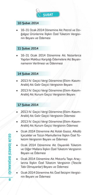 ŞUBAT
10 Şubat 2014
•

16-31 Ocak 2014 Dönemine Ait Petrol ve Doğalgaz Ürünlerine İlişkin Özel Tüketim Vergisinin Beyanı ve Ödemesi

11 Şubat 2014
•

16-31 Ocak 2014 Dönemine Ait Noterlerce
Yapılan Makbuz Karşılığı Ödemelere Ait Beyannamenin Verilmesi ve Ödenmesi

14 Şubat 2014
•

2013 IV. Geçici Vergi Dönemine (Ekim-KasımAralık) Ait Gelir Geçici Vergisinin Beyanı

•

2013 IV. Geçici Vergi Dönemine (Ekim-KasımAralık) Ait Kurum Geçici Vergisinin Beyanı

17 Şubat 2014

2013 IV. Geçici Vergi Dönemine (Ekim-KasımAralık) Ait Kurum Geçici Vergisinin Ödemesi

•

8

2013 IV. Geçici Vergi Dönemine (Ekim-KasımAralık) Ait Gelir Geçici Vergisinin Ödemesi

•

GELİR İDARESİ BAŞKANLIĞI

•

Ocak 2014 Dönemine Ait Kolalı Gazoz, Alkollü
İçecekler ve Tütün Mamullerine İlişkin Özel Tüketim Vergisinin Beyanı ve Ödemesi

•

Ocak 2014 Dönemine Ait Dayanıklı Tüketim
ve Diğer Mallara İlişkin Özel Tüketim Vergisinin
Beyanı ve Ödemesi

•

Ocak 2014 Dönemine Ait Motorlu Taşıt Araçlarına İlişkin Özel Tüketim Vergisinin (Tescile
Tabi Olmayanlar) Beyanı ve Ödemesi

•

Ocak 2014 Dönemine Ait Özel İletişim Vergisinin Beyanı ve Ödemesi

 