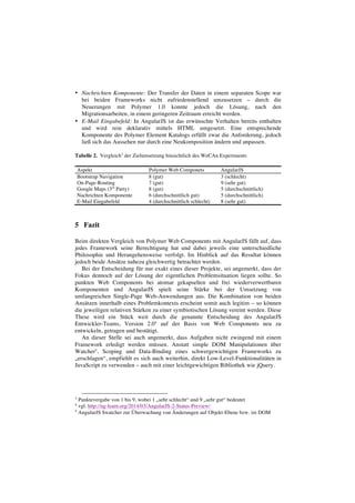 • Nachrichten Komponente: Der Transfer der Daten in einem separaten Scope war
bei beiden Frameworks nicht zufriedenstellend umzusetzen – durch die
Neuerungen mit Polymer 1.0 konnte jedoch die Lösung, nach den
Migrationsarbeiten, in einem geringeren Zeitraum erreicht werden.
• E-Mail Eingabefeld: In AngularJS ist das erwünschte Verhalten bereits enthalten
und wird rein deklarativ mittels HTML umgesetzt. Eine entsprechende
Komponente des Polymer Element Katalogs erfüllt zwar die Anforderung, jedoch
ließ sich das Aussehen nur durch eine Neukomposition ändern und anpassen.
Tabelle 2. Vergleich3
der Zielumsetzung hinsichtlich des WeCAn Experiments
Aspekt Polymer Web Componets AngularJS
Bootstrap Navigation 8 (gut) 3 (schlecht)
On-Page-Routing 7 (gut) 9 (sehr gut)
Google Maps (3rd
Party) 8 (gut) 5 (durchschnittlich)
Nachrichten Komponente 6 (durchschnittlich gut) 5 (durchschnittlich)
E-Mail Eingabefeld 4 (durchschnittlich schlecht) 8 (sehr gut)
5 Fazit
Beim direkten Vergleich von Polymer Web Components mit AngularJS fällt auf, dass
jedes Framework seine Berechtigung hat und dabei jeweils eine unterschiedliche
Philosophie und Herangehensweise verfolgt. Im Hinblick auf das Resultat können
jedoch beide Ansätze nahezu gleichwertig betrachtet werden.
Bei der Entscheidung für nur exakt eines dieser Projekte, sei angemerkt, dass der
Fokus dennoch auf der Lösung der eigentlichen Problemsituation liegen sollte. So
punkten Web Components bei atomar gekapselten und frei wiederverwertbaren
Komponenten und AngularJS spielt seine Stärke bei der Umsetzung von
umfangreichen Single-Page Web-Anwendungen aus. Die Kombination von beiden
Ansätzen innerhalb eines Problemkontexts erscheint somit auch legitim – so können
die jeweiligen relativen Stärken zu einer symbiotischen Lösung vereint werden. Diese
These wird ein Stück weit durch die genannte Entscheidung des AngularJS
Entwickler-Teams, Version 2.04
auf der Basis von Web Components neu zu
entwickeln, getragen und bestätigt.
An dieser Stelle sei auch angemerkt, dass Aufgaben nicht zwingend mit einem
Framework erledigt werden müssen. Anstatt simple DOM Manipulationen über
Watcher5
, Scoping und Data-Binding eines schwergewichtigen Frameworks zu
„erschlagen“, empfiehlt es sich auch weiterhin, direkt Low-Level-Funktionalitäten in
JavaScript zu verwenden – auch mit einer leichtgewichtigen Bibliothek wie jQuery.
3
Punktevergabe von 1 bis 9, wobei 1 „sehr schlecht“ und 9 „sehr gut“ bedeutet
4
vgl. http://ng-learn.org/2014/03/AngularJS-2-Status-Preview/
5
AngularJS $watcher zur Überwachung von Änderungen auf Objekt-Ebene bzw. im DOM
 