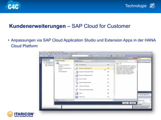 | 14
Kundenerweiterungen – SAP Cloud for Customer
• Anpassungen via SAP Cloud Application Studio und Extension Apps in der HANA
Cloud Platform
Technologie
 