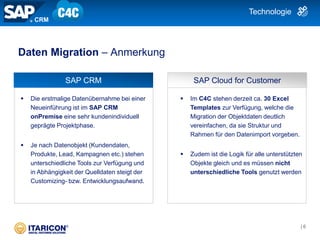  Die erstmalige Datenübernahme bei einer
Neueinführung ist im SAP CRM
onPremise eine sehr kundenindividuell
geprägte Projektphase.
 Je nach Datenobjekt (Kundendaten,
Produkte, Lead, Kampagnen etc.) stehen
unterschiedliche Tools zur Verfügung und
in Abhängigkeit der Quelldaten steigt der
Customizing- bzw. Entwicklungsaufwand.
 Im C4C stehen derzeit ca. 30 Excel
Templates zur Verfügung, welche die
Migration der Objektdaten deutlich
vereinfachen, da sie Struktur und
Rahmen für den Datenimport vorgeben.
 Zudem ist die Logik für alle unterstützten
Objekte gleich und es müssen nicht
unterschiedliche Tools genutzt werden
SAP CRM SAP Cloud for Customer
Daten Migration – Anmerkung
CRM
Technologie
| 6
 