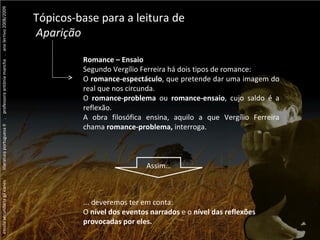 escola secundária gil eanes  .  literatura portuguesa II  .  professora antónia mancha  .  ano lectivo 2008/2009 ...  Vergílio Ferreira ...  Vergílio Ferreira ...  Vergílio Ferreira Tópicos-base para a leitura de Aparição Romance – Ensaio Segundo Vergílio Ferreira há dois tipos de romance: O  romance-espectáculo , que pretende dar uma imagem do real que nos circunda. O  romance-problema  ou  romance-ensaio , cujo saldo é a reflexão. A obra filosófica ensina, aquilo a que Vergílio Ferreira chama  romance-problema,  interroga.  Assim… ... deveremos ter em conta: O  nível dos eventos narrados  e o  nível das reflexões provocadas por eles. 