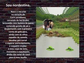 Sou nordestina.  Nasci e me criei  no coração do  Cariri paraibano,  correndo de boi brabo,  brincando com boneca de pano,  comendo goiaba do pé e  despertando com o primeiro  canto do galo para,  ainda com os olhos  tapados de remela,  desabar pro curral  e esperar pacientemente,  o vaqueiro encher  o meu copo de leite,  morninho e espumante,  direto das tetas da vaca  para o meu bucho. 
