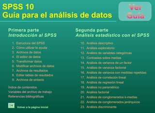 SPSS 10
Guía para el análisis de datos
Índice de contenidos
Variables del archivo de trabajo
Referencias bibliográficas
10. Análisis descriptivo
11. Análisis exploratorio
12. Análisis de variables categóricas
13. Contrastes sobre medias
14. Análisis de varianza de un factor
15. Análisis de varianza factorial
16. Análisis de varianza con medidas repetidas
17. Análisis de correlación lineal
18. Análisis de regresión lineal
19. Análisis no paramétrico
20. Análisis factorial
21. Análisis de conglomerados k-medias
22. Análisis de conglomerados jerárquicos
23. Análisis discriminante
Segunda parte
Análisis estadístico con el SPSS
Volver a la página inicial
1. Estructura del SPSS
2. Cómo utilizar la ayuda
3. Archivos de datos
4. El editor de datos
5. Transformar datos
6. Modificar archivos de datos
7. Archivos de resultados
8. Editar tablas de resultados
9. Archivos de sintaxis
Primera parte
Introducción al SPSS