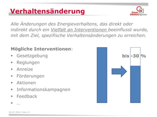 02.07.2014, Folie 13 
Alle Änderungen des Energieverhaltens, das direkt oder indirekt durch ein Vielfalt an Interventionen beeinflusst wurde, mit dem Ziel, spezifische Verhaltensänderungen zu erreichen. 
Mögliche Interventionen: 
Gesetzgebung 
Reglungen 
Anreize 
Förderungen 
Aktionen 
Informationskampagnen 
Feedback 
… 
Verhaltensänderung 
bis -30 %  