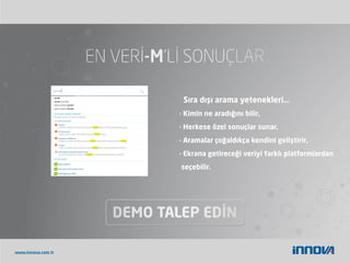 www.innova.com.tr
Sıra dışı arama yetenekleri…
- Kimin ne aradığını bilir,
- Herkese özel sonuçlar sunar,
- Aramalar çoğaldıkça kendini geliştirir,
- Ekrana getireceği veriyi farklı platformlardan
seçebilir.
 