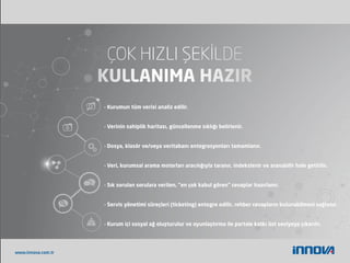 - Kurumun tüm verisi analiz edilir.
- Verinin sahiplik haritası, güncellenme sıklığı belirlenir.
- Dosya, klasör ve/veya veritabanı entegrasyonları tamamlanır.
- Veri, kurumsal arama motorları aracılığıyla taranır, indekslenir ve aranabilir hale getirilir.
- Sık sorulan sorulara verilen, “en çok kabul gören” cevaplar hazırlanır.
- Servis yönetimi süreçleri (ticketing) entegre edilir, rehber cevapların bulunabilmesi sağlanır.
- Kurum içi sosyal ağ oluşturulur ve oyunlaştırma ile portale katkı üst seviyeye çıkarılır.
www.innova.com.tr
 