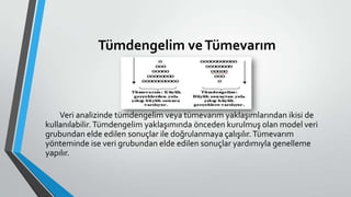 Tümdengelim veTümevarım
Veri analizinde tümdengelim veya tümevarım yaklaşımlarından ikisi de
kullanılabilir.Tümdengelim yaklaşımında önceden kurulmuş olan model veri
grubundan elde edilen sonuçlar ile doğrulanmaya çalışılır.Tümevarım
yönteminde ise veri grubundan elde edilen sonuçlar yardımıyla genelleme
yapılır.
 