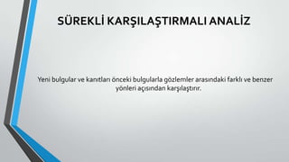 SÜREKLİ KARŞILAŞTIRMALI ANALİZ
Yeni bulgular ve kanıtları önceki bulgularla gözlemler arasındaki farklı ve benzer
yönleri açısından karşılaştırır.
 