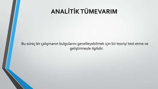 ANALİTİKTÜMEVARIM
Bu süreç bir çalışmanın bulgularını genelleyebilmek için bir teoriyi test etme ve
geliştirmeyle ilgilidir.
 