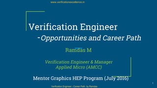 Verification Engineer - Career Path by Ramdas
www.verificationexcellence.in
Verification Engineer
-Opportunities and Career Path
Ramdas M
Verification Engineer & Manager
Applied Micro (AMCC)
Mentor Graphics HEP Program (July 2016)
1
 