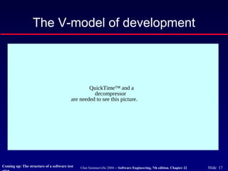 ©Ian Sommerville 2004 -- Software Engineering, 7th edition. Chapter 22 Slide 17
The V-model of development
QuickTime™ and a
decompressor
are needed to see this picture.
Coming up: The structure of a software test
 
